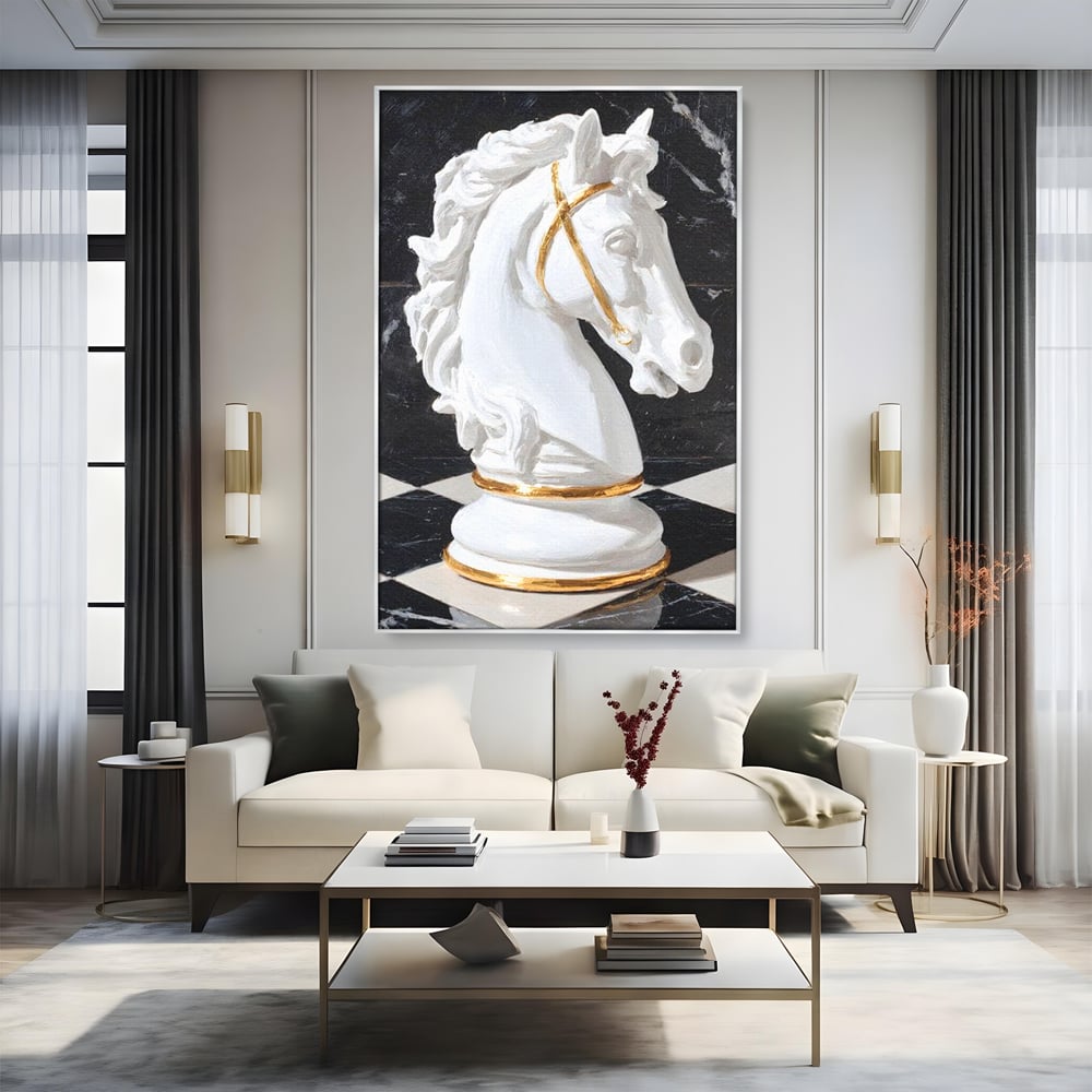 Tablou Canvas Premium, LuxCanva® M1513, O Piesa Nobila, Cal, Piesa, Sah, Joc, Auriu, Statuie, Sculptura, Vintage, Marmura, Dormitor, Birou, Living, Camera Copil