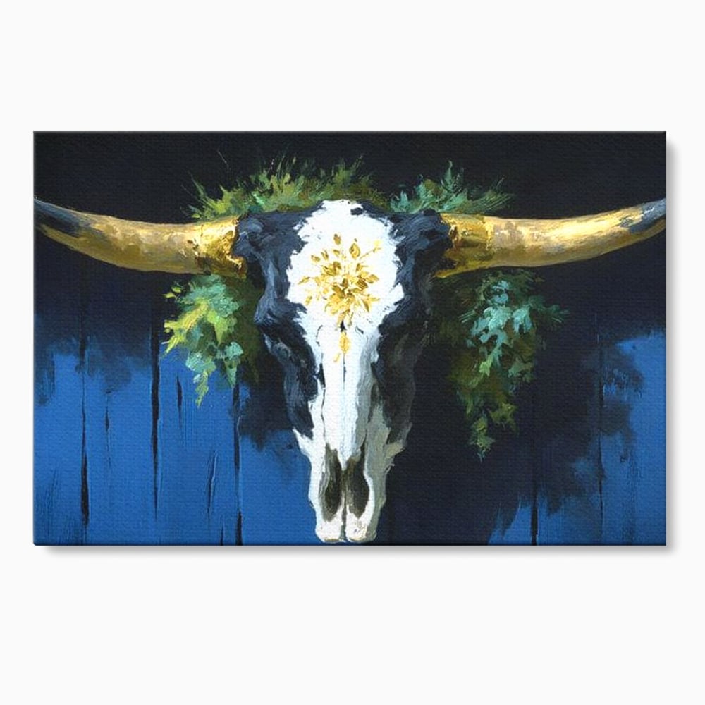 Leinwand Wandkunst Canvas Premium, LuxCanva® M1514, Nacht Schädel, Schädel, Skelett, Stier, Tier, Bestie, Hörner, Trophäe, Schlafzimmer, Büro, Wohnzimmer, Kinderzimmer