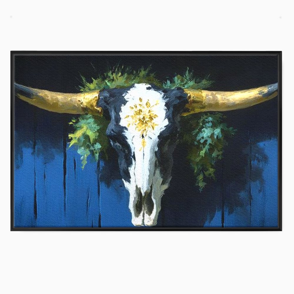 Leinwand Wandkunst Canvas Premium, LuxCanva® M1514, Nacht Schädel, Schädel, Skelett, Stier, Tier, Bestie, Hörner, Trophäe, Schlafzimmer, Büro, Wohnzimmer, Kinderzimmer