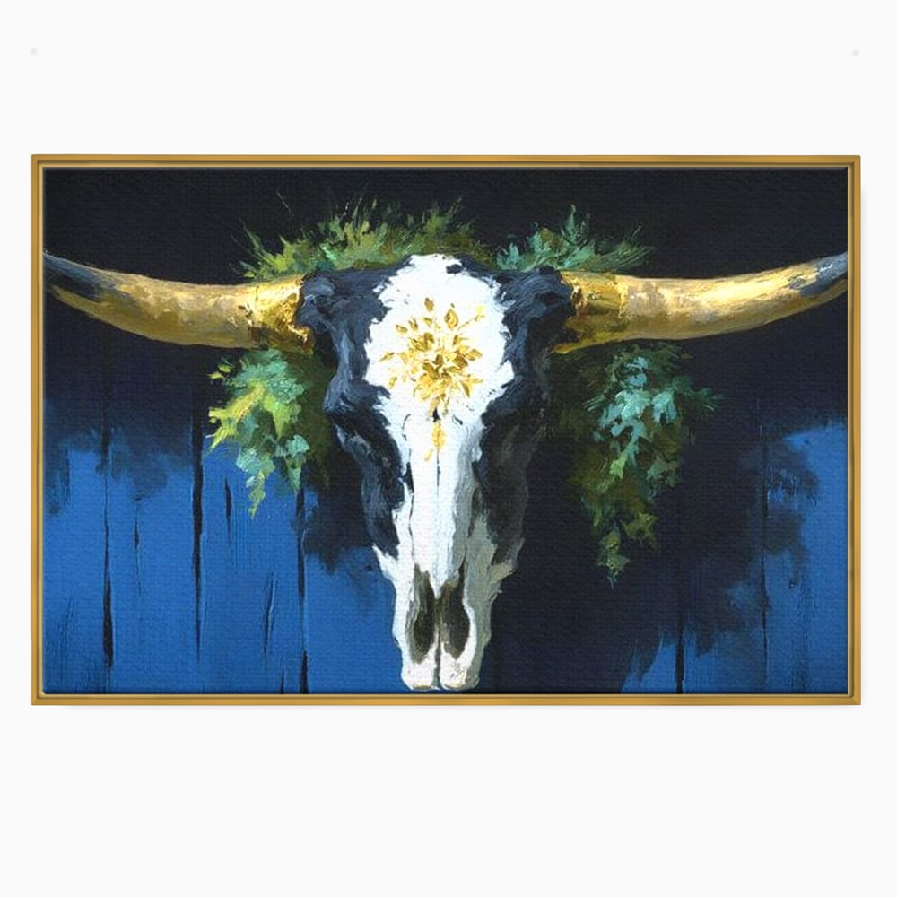 Leinwand Wandkunst Canvas Premium, LuxCanva® M1514, Nacht Schädel, Schädel, Skelett, Stier, Tier, Bestie, Hörner, Trophäe, Schlafzimmer, Büro, Wohnzimmer, Kinderzimmer