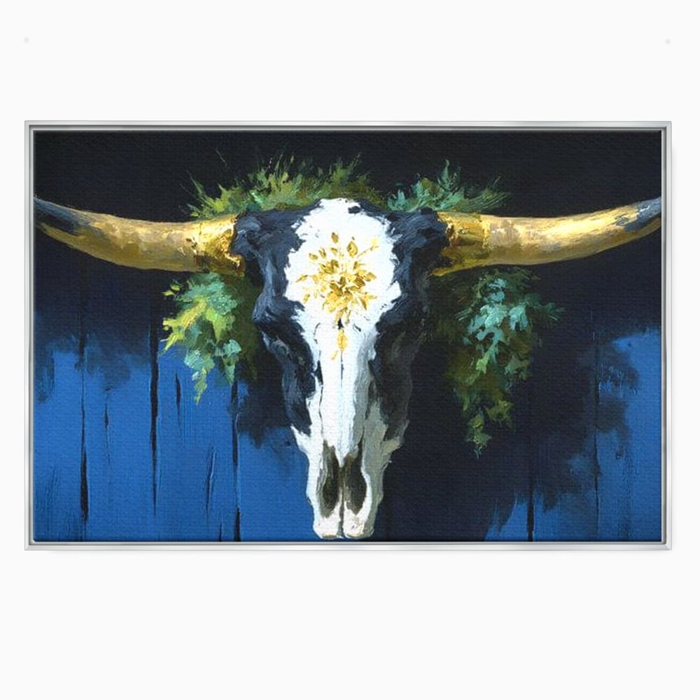 Leinwand Wandkunst Canvas Premium, LuxCanva® M1514, Nacht Schädel, Schädel, Skelett, Stier, Tier, Bestie, Hörner, Trophäe, Schlafzimmer, Büro, Wohnzimmer, Kinderzimmer