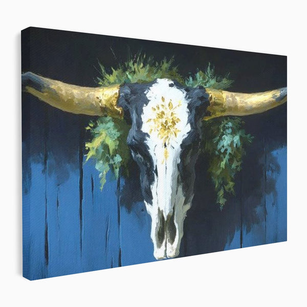 Leinwand Wandkunst Canvas Premium, LuxCanva® M1514, Nacht Schädel, Schädel, Skelett, Stier, Tier, Bestie, Hörner, Trophäe, Schlafzimmer, Büro, Wohnzimmer, Kinderzimmer