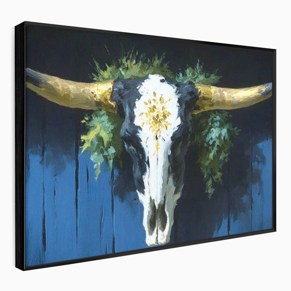 Leinwand Wandkunst Canvas Premium, LuxCanva® M1514, Nacht Schädel, Schädel, Skelett, Stier, Tier, Bestie, Hörner, Trophäe, Schlafzimmer, Büro, Wohnzimmer, Kinderzimmer