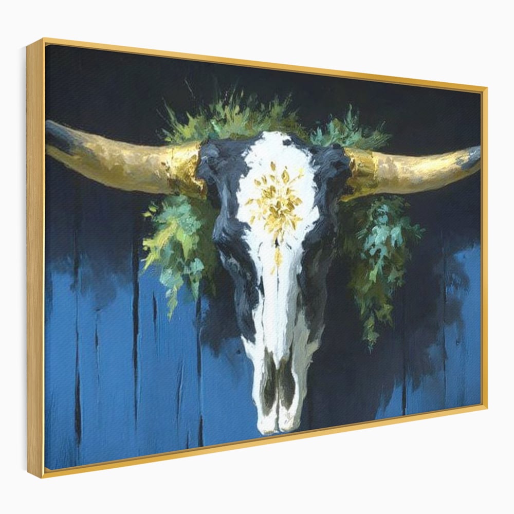 Leinwand Wandkunst Canvas Premium, LuxCanva® M1514, Nacht Schädel, Schädel, Skelett, Stier, Tier, Bestie, Hörner, Trophäe, Schlafzimmer, Büro, Wohnzimmer, Kinderzimmer