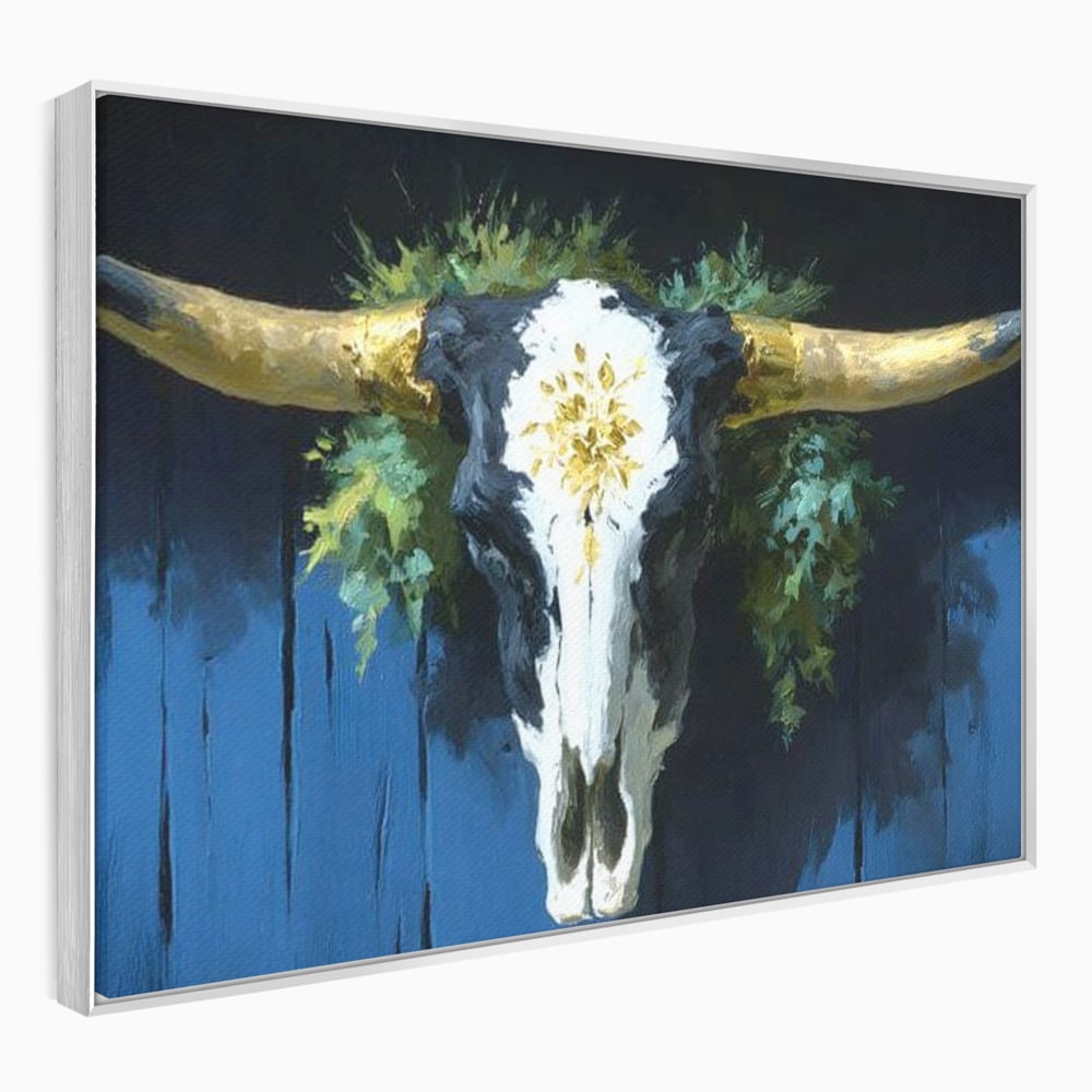 Leinwand Wandkunst Canvas Premium, LuxCanva® M1514, Nacht Schädel, Schädel, Skelett, Stier, Tier, Bestie, Hörner, Trophäe, Schlafzimmer, Büro, Wohnzimmer, Kinderzimmer