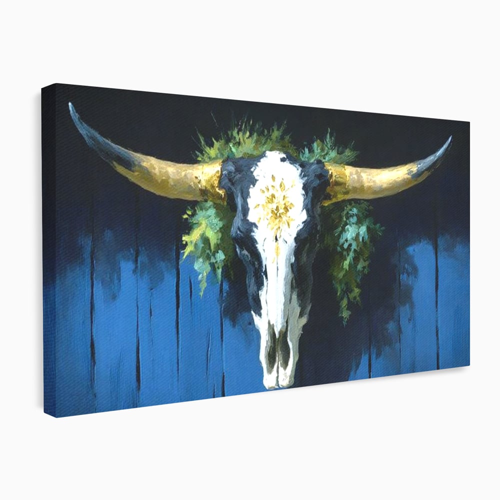 Leinwand Wandkunst Canvas Premium, LuxCanva® M1514, Nacht Schädel, Schädel, Skelett, Stier, Tier, Bestie, Hörner, Trophäe, Schlafzimmer, Büro, Wohnzimmer, Kinderzimmer