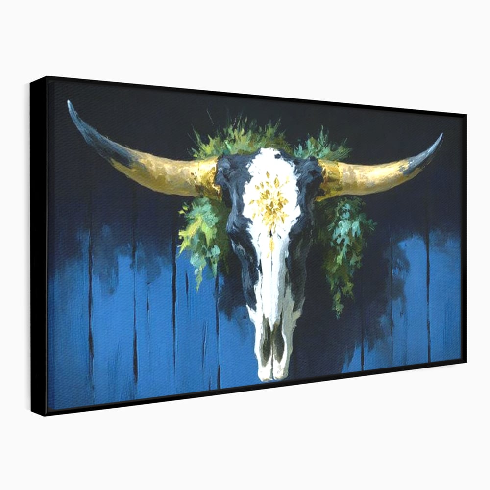 Leinwand Wandkunst Canvas Premium, LuxCanva® M1514, Nacht Schädel, Schädel, Skelett, Stier, Tier, Bestie, Hörner, Trophäe, Schlafzimmer, Büro, Wohnzimmer, Kinderzimmer