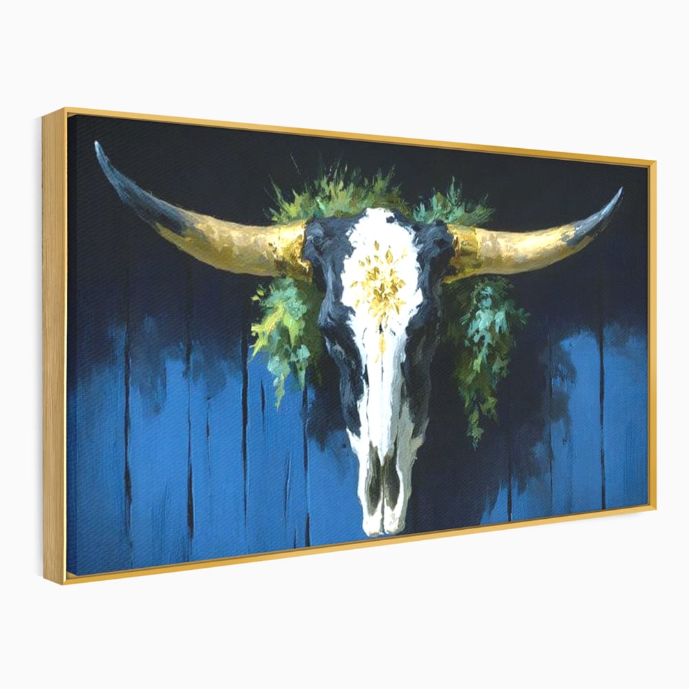 Leinwand Wandkunst Canvas Premium, LuxCanva® M1514, Nacht Schädel, Schädel, Skelett, Stier, Tier, Bestie, Hörner, Trophäe, Schlafzimmer, Büro, Wohnzimmer, Kinderzimmer