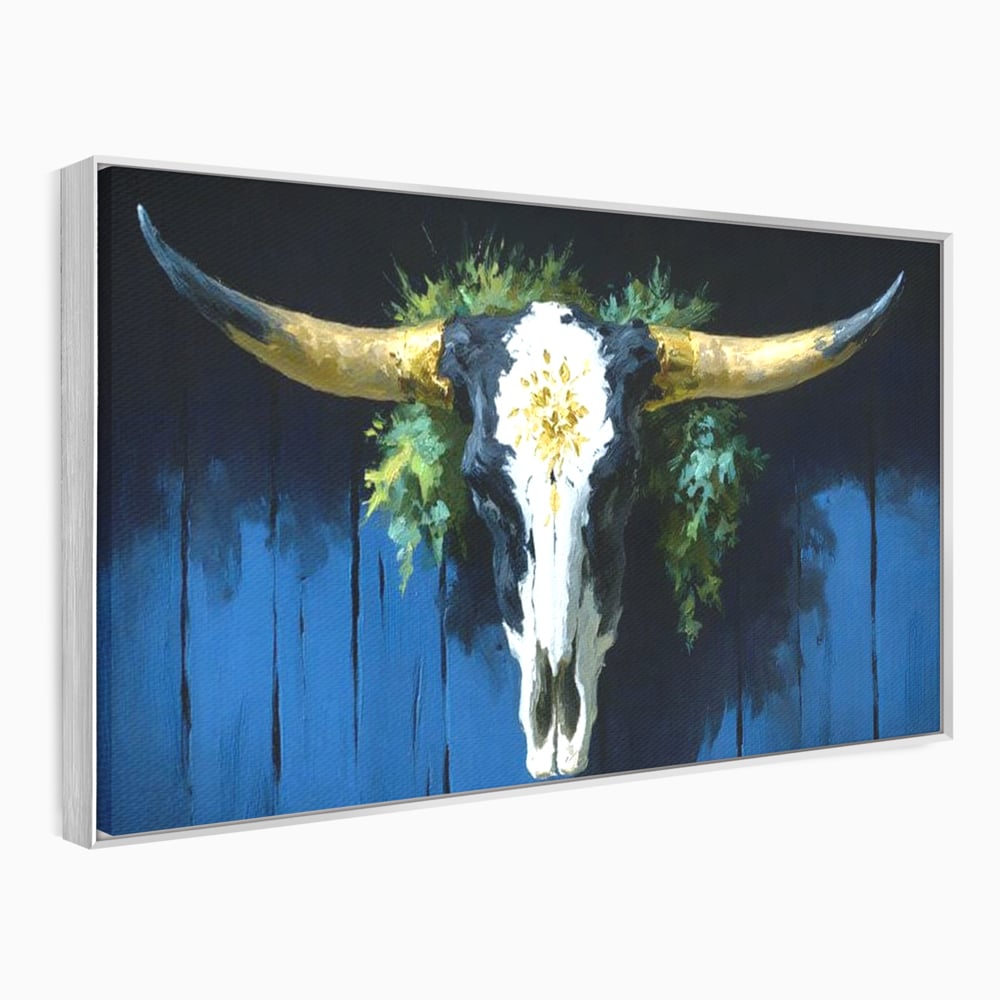 Leinwand Wandkunst Canvas Premium, LuxCanva® M1514, Nacht Schädel, Schädel, Skelett, Stier, Tier, Bestie, Hörner, Trophäe, Schlafzimmer, Büro, Wohnzimmer, Kinderzimmer