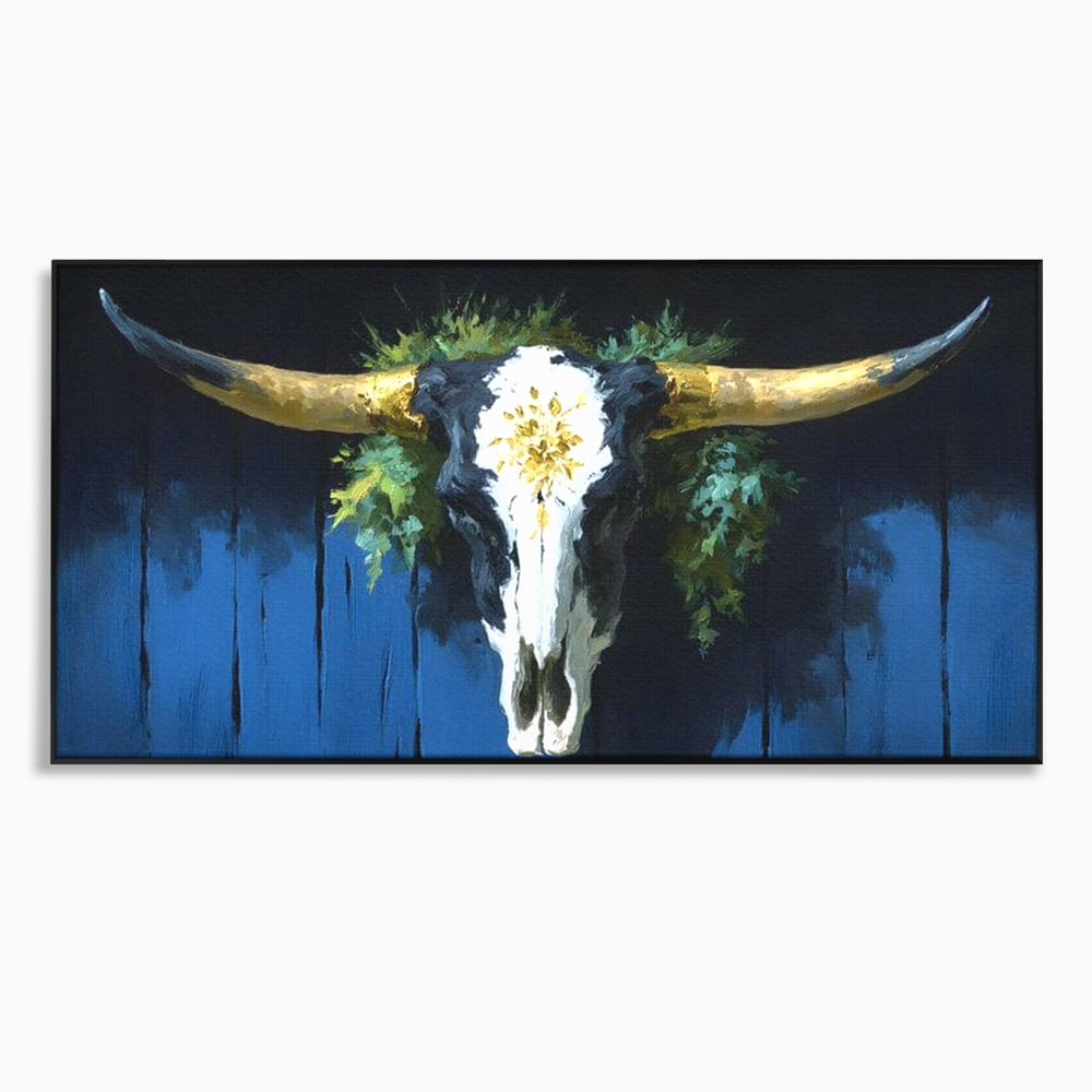 Leinwand Wandkunst Canvas Premium, LuxCanva® M1514, Nacht Schädel, Schädel, Skelett, Stier, Tier, Bestie, Hörner, Trophäe, Schlafzimmer, Büro, Wohnzimmer, Kinderzimmer