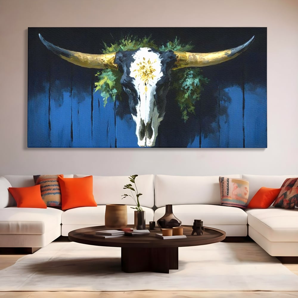 Leinwand Wandkunst Canvas Premium, LuxCanva® M1514, Nacht Schädel, Schädel, Skelett, Stier, Tier, Bestie, Hörner, Trophäe, Schlafzimmer, Büro, Wohnzimmer, Kinderzimmer