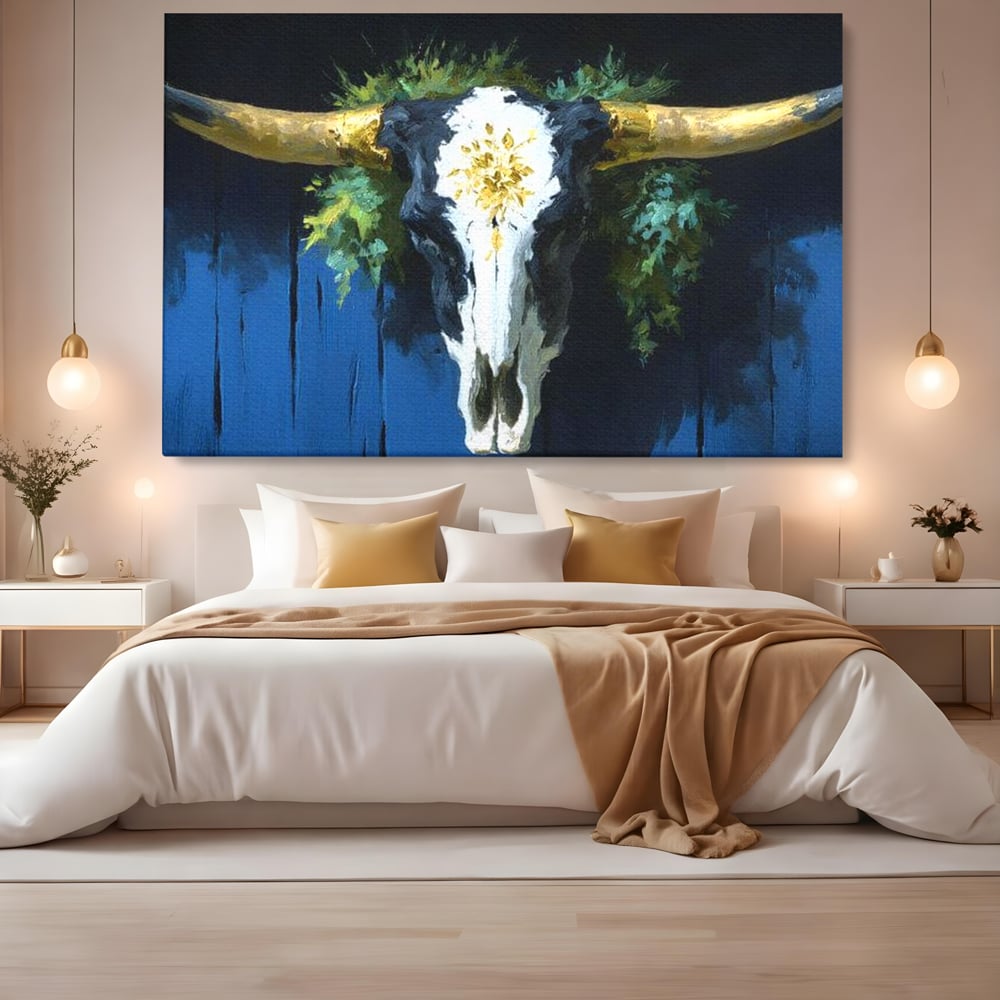 Leinwand Wandkunst Canvas Premium, LuxCanva® M1514, Nacht Schädel, Schädel, Skelett, Stier, Tier, Bestie, Hörner, Trophäe, Schlafzimmer, Büro, Wohnzimmer, Kinderzimmer