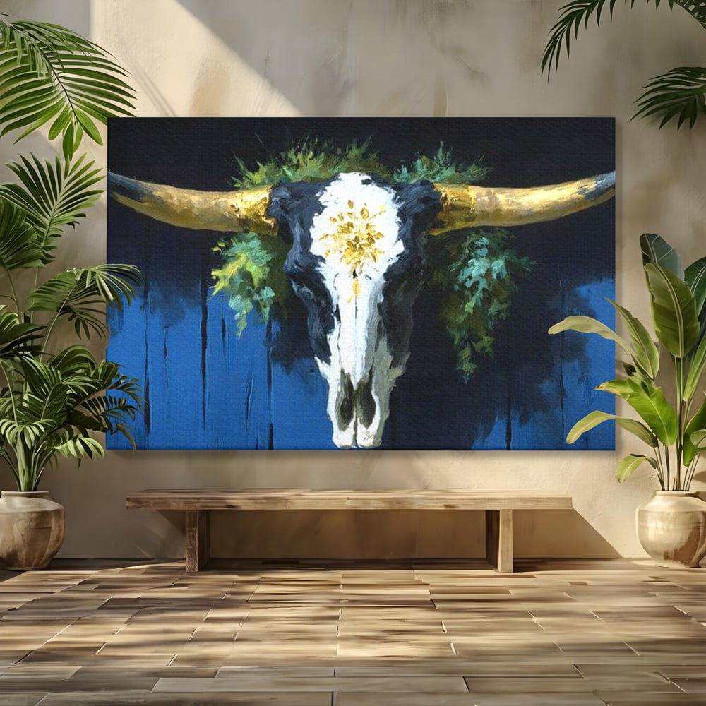 Leinwand Wandkunst Canvas Premium, LuxCanva® M1514, Nacht Schädel, Schädel, Skelett, Stier, Tier, Bestie, Hörner, Trophäe, Schlafzimmer, Büro, Wohnzimmer, Kinderzimmer