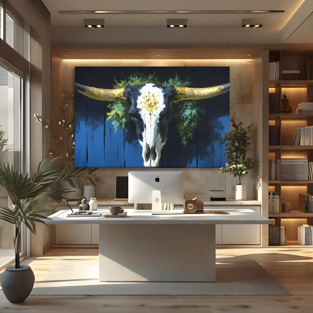 Leinwand Wandkunst Canvas Premium, LuxCanva® M1514, Nacht Schädel, Schädel, Skelett, Stier, Tier, Bestie, Hörner, Trophäe, Schlafzimmer, Büro, Wohnzimmer, Kinderzimmer