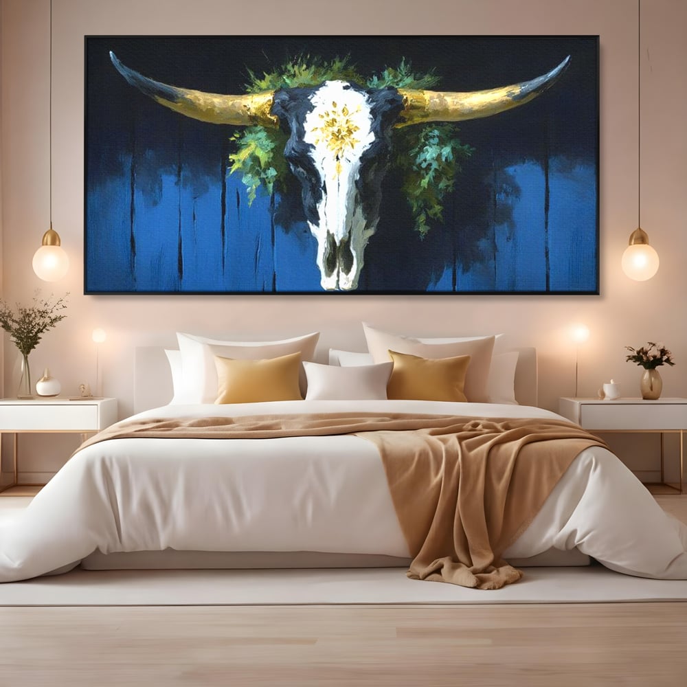 Leinwand Wandkunst Canvas Premium, LuxCanva® M1514, Nacht Schädel, Schädel, Skelett, Stier, Tier, Bestie, Hörner, Trophäe, Schlafzimmer, Büro, Wohnzimmer, Kinderzimmer