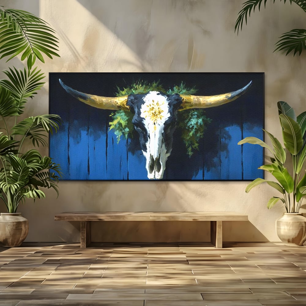 Leinwand Wandkunst Canvas Premium, LuxCanva® M1514, Nacht Schädel, Schädel, Skelett, Stier, Tier, Bestie, Hörner, Trophäe, Schlafzimmer, Büro, Wohnzimmer, Kinderzimmer