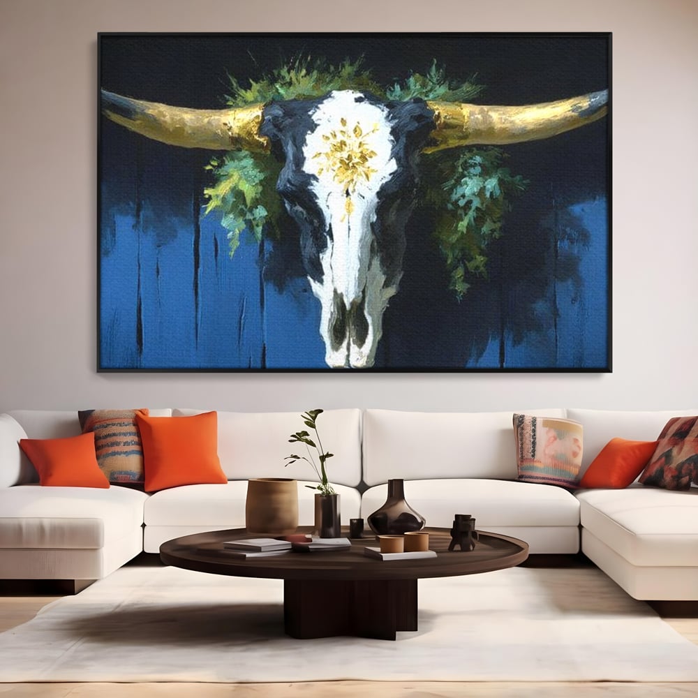 Leinwand Wandkunst Canvas Premium, LuxCanva® M1514, Nacht Schädel, Schädel, Skelett, Stier, Tier, Bestie, Hörner, Trophäe, Schlafzimmer, Büro, Wohnzimmer, Kinderzimmer