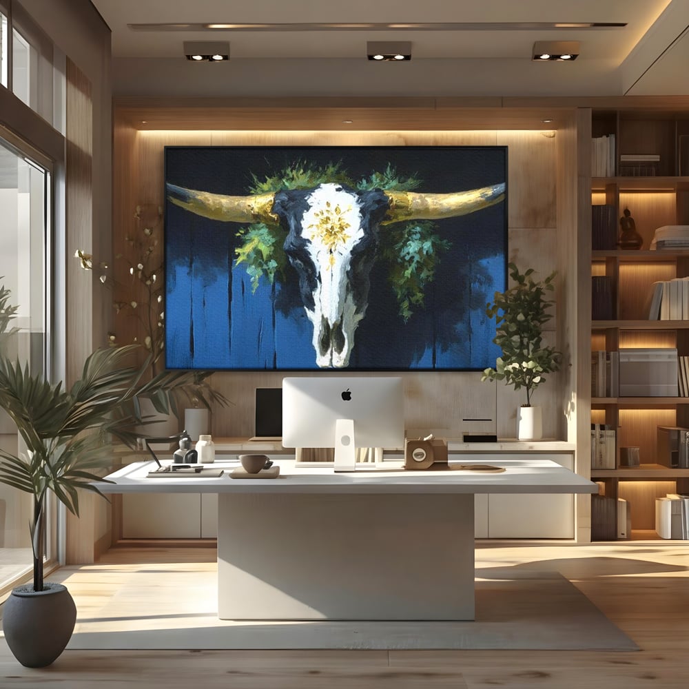 Leinwand Wandkunst Canvas Premium, LuxCanva® M1514, Nacht Schädel, Schädel, Skelett, Stier, Tier, Bestie, Hörner, Trophäe, Schlafzimmer, Büro, Wohnzimmer, Kinderzimmer