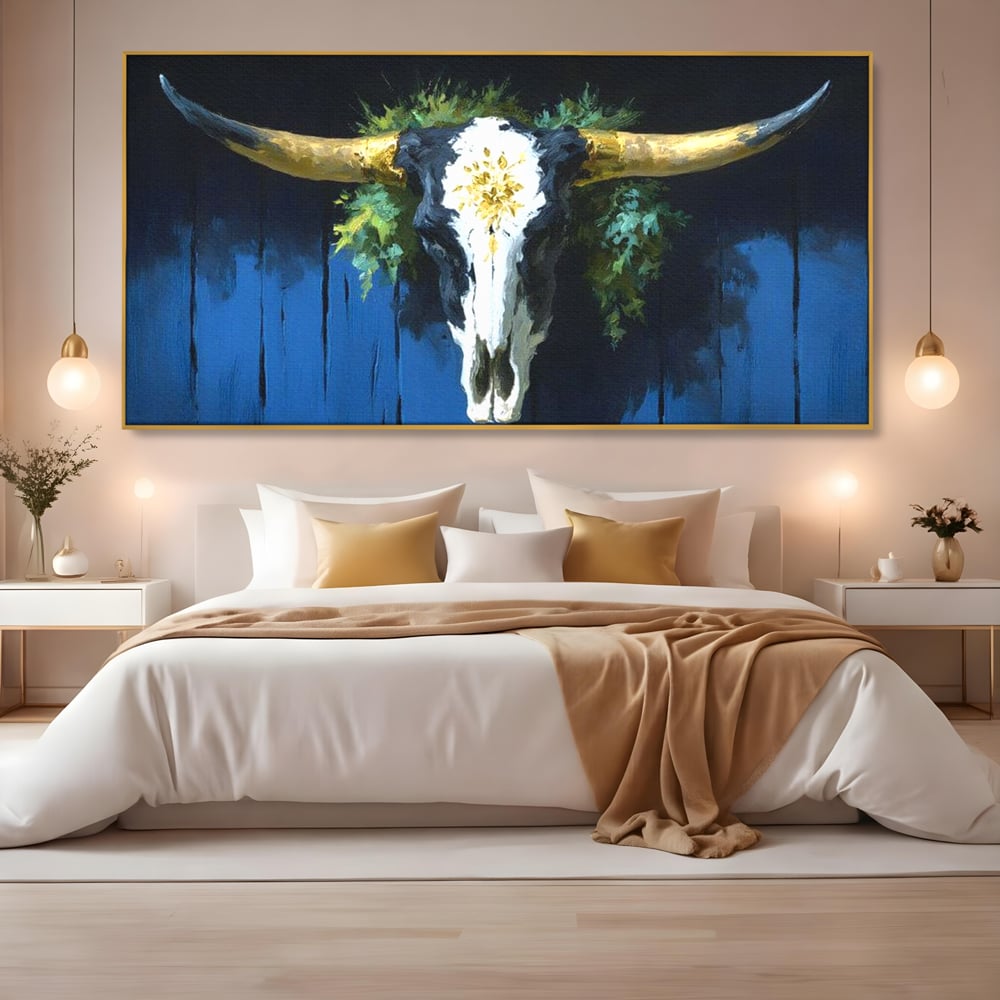 Leinwand Wandkunst Canvas Premium, LuxCanva® M1514, Nacht Schädel, Schädel, Skelett, Stier, Tier, Bestie, Hörner, Trophäe, Schlafzimmer, Büro, Wohnzimmer, Kinderzimmer