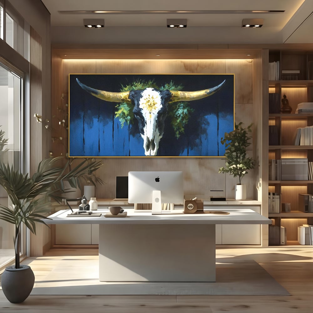 Leinwand Wandkunst Canvas Premium, LuxCanva® M1514, Nacht Schädel, Schädel, Skelett, Stier, Tier, Bestie, Hörner, Trophäe, Schlafzimmer, Büro, Wohnzimmer, Kinderzimmer