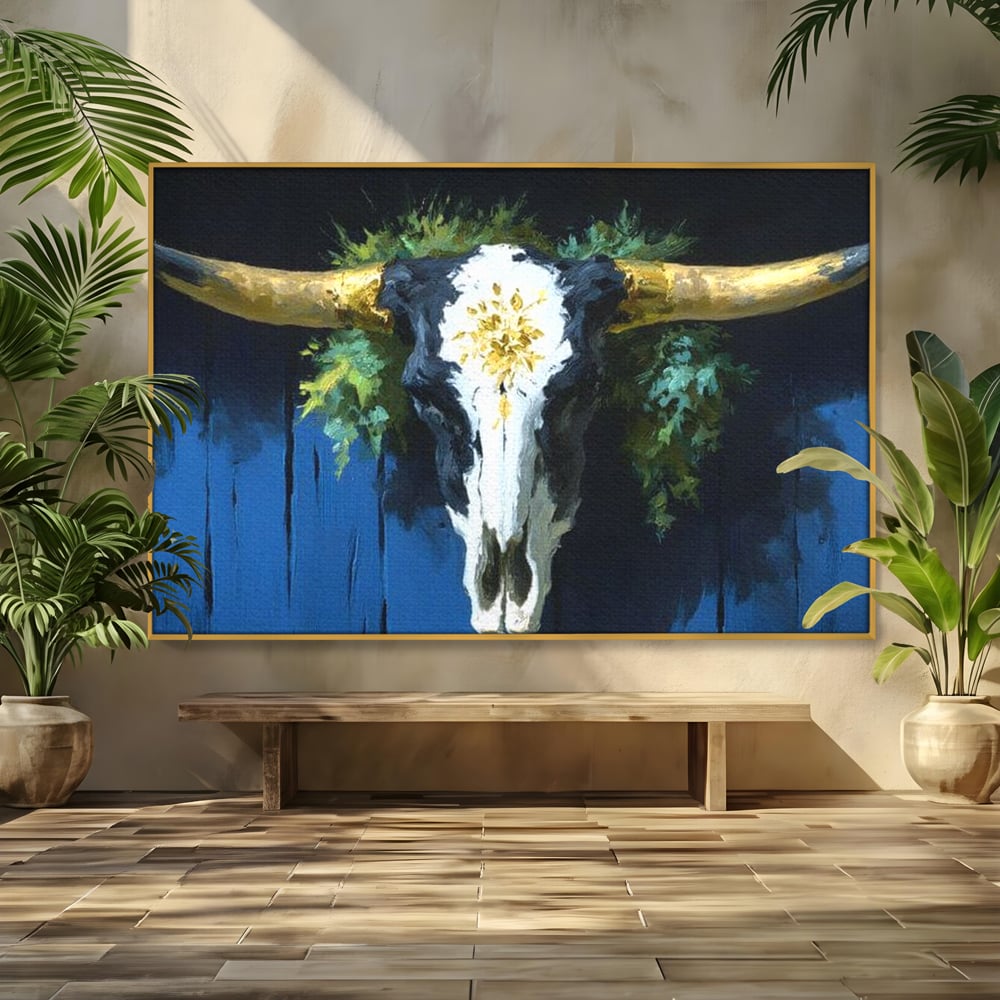 Leinwand Wandkunst Canvas Premium, LuxCanva® M1514, Nacht Schädel, Schädel, Skelett, Stier, Tier, Bestie, Hörner, Trophäe, Schlafzimmer, Büro, Wohnzimmer, Kinderzimmer