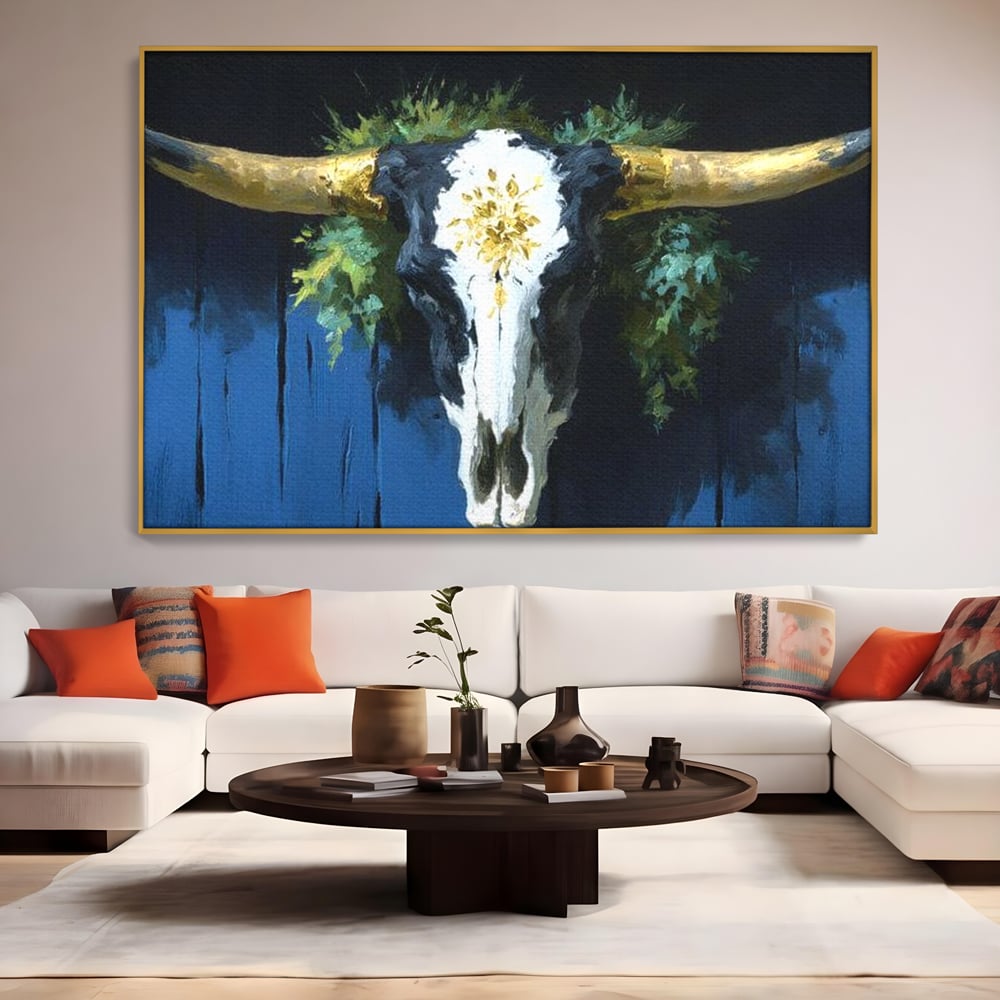Leinwand Wandkunst Canvas Premium, LuxCanva® M1514, Nacht Schädel, Schädel, Skelett, Stier, Tier, Bestie, Hörner, Trophäe, Schlafzimmer, Büro, Wohnzimmer, Kinderzimmer