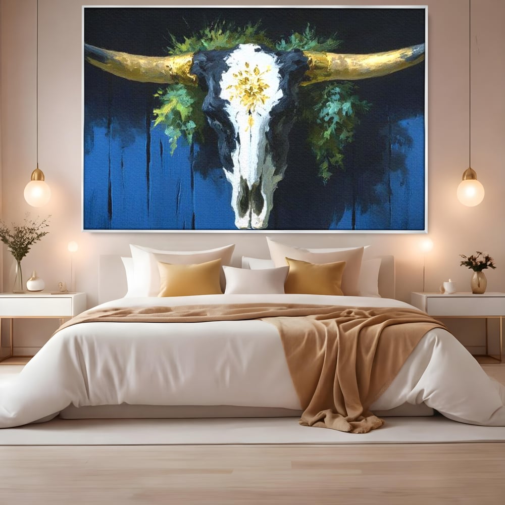 Leinwand Wandkunst Canvas Premium, LuxCanva® M1514, Nacht Schädel, Schädel, Skelett, Stier, Tier, Bestie, Hörner, Trophäe, Schlafzimmer, Büro, Wohnzimmer, Kinderzimmer