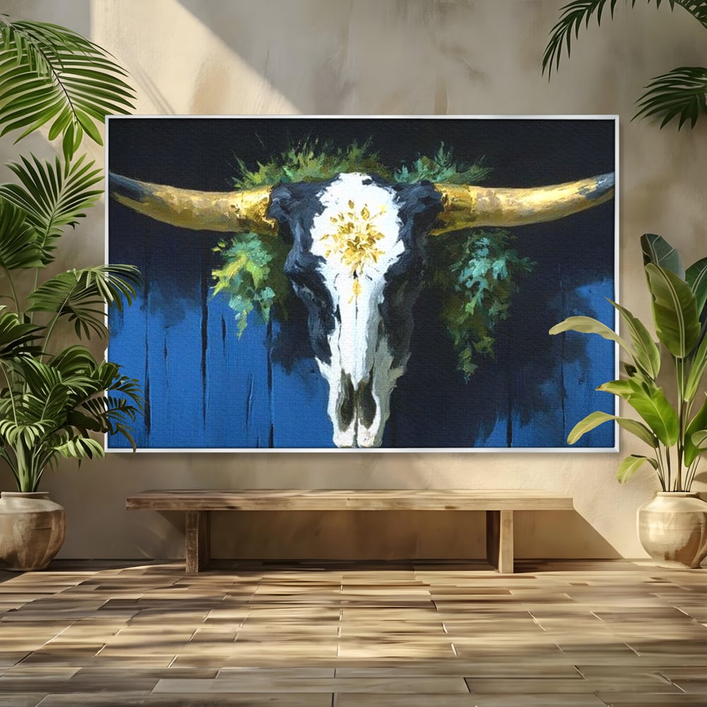 Leinwand Wandkunst Canvas Premium, LuxCanva® M1514, Nacht Schädel, Schädel, Skelett, Stier, Tier, Bestie, Hörner, Trophäe, Schlafzimmer, Büro, Wohnzimmer, Kinderzimmer