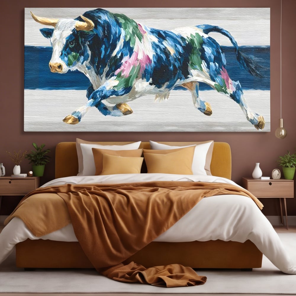 Leinwand Wandkunst Canvas Premium, LuxCanva® M1515, Urkraft, Stier, Hörner, Dynamisch, Angriff, Tiere, Malerei, Stärke, Modern, Schlafzimmer, Büro, Wohnen, Kinderzimmer