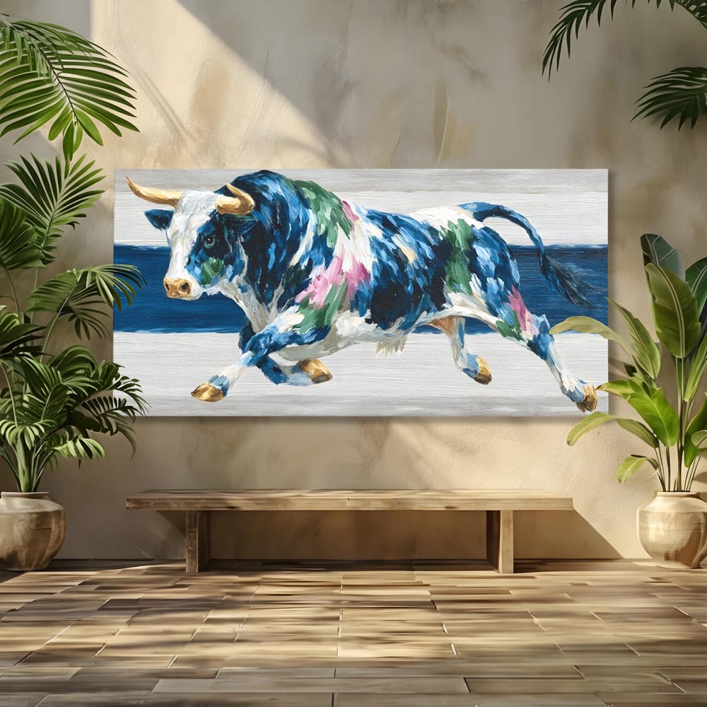 Leinwand Wandkunst Canvas Premium, LuxCanva® M1515, Urkraft, Stier, Hörner, Dynamisch, Angriff, Tiere, Malerei, Stärke, Modern, Schlafzimmer, Büro, Wohnen, Kinderzimmer