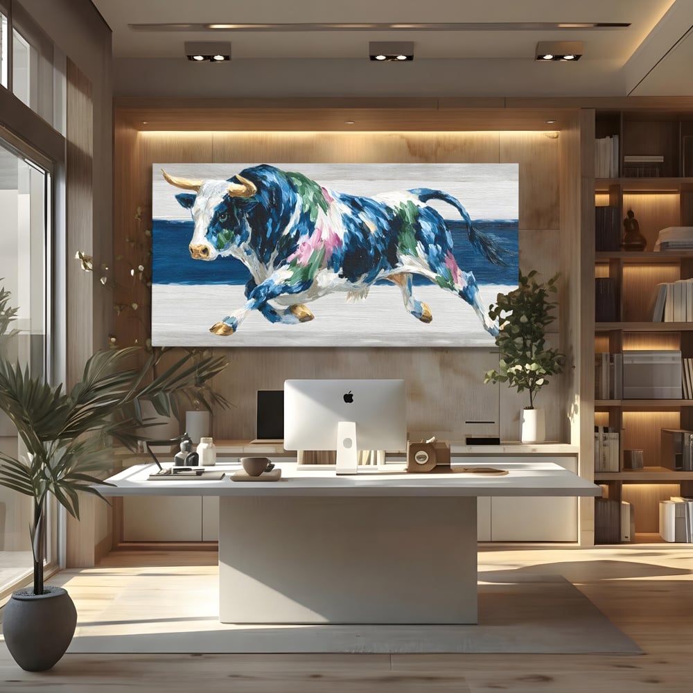 Leinwand Wandkunst Canvas Premium, LuxCanva® M1515, Urkraft, Stier, Hörner, Dynamisch, Angriff, Tiere, Malerei, Stärke, Modern, Schlafzimmer, Büro, Wohnen, Kinderzimmer