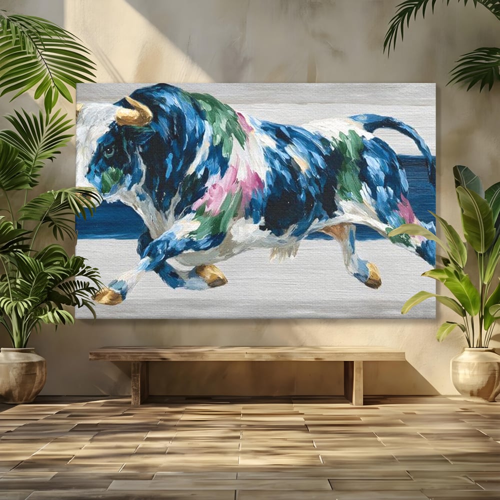 Leinwand Wandkunst Canvas Premium, LuxCanva® M1515, Urkraft, Stier, Hörner, Dynamisch, Angriff, Tiere, Malerei, Stärke, Modern, Schlafzimmer, Büro, Wohnen, Kinderzimmer