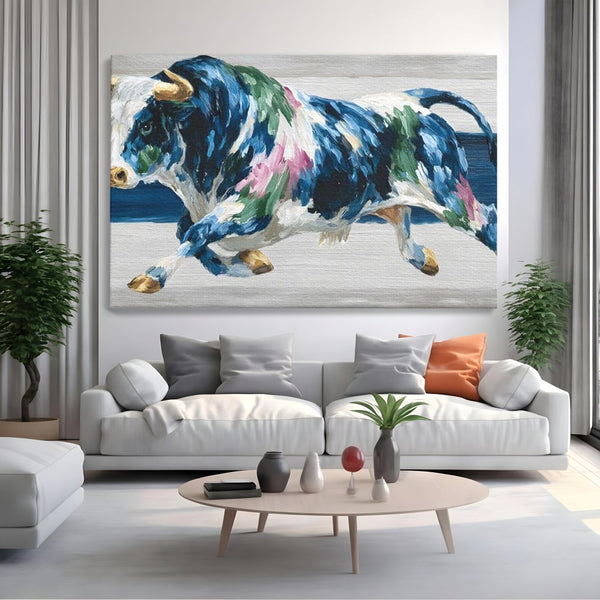 Leinwand Wandkunst Canvas Premium, LuxCanva® M1515, Urkraft, Stier, Hörner, Dynamisch, Angriff, Tiere, Malerei, Stärke, Modern, Schlafzimmer, Büro, Wohnen, Kinderzimmer