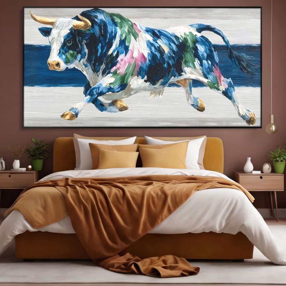 Leinwand Wandkunst Canvas Premium, LuxCanva® M1515, Urkraft, Stier, Hörner, Dynamisch, Angriff, Tiere, Malerei, Stärke, Modern, Schlafzimmer, Büro, Wohnen, Kinderzimmer