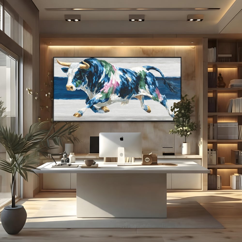 Leinwand Wandkunst Canvas Premium, LuxCanva® M1515, Urkraft, Stier, Hörner, Dynamisch, Angriff, Tiere, Malerei, Stärke, Modern, Schlafzimmer, Büro, Wohnen, Kinderzimmer