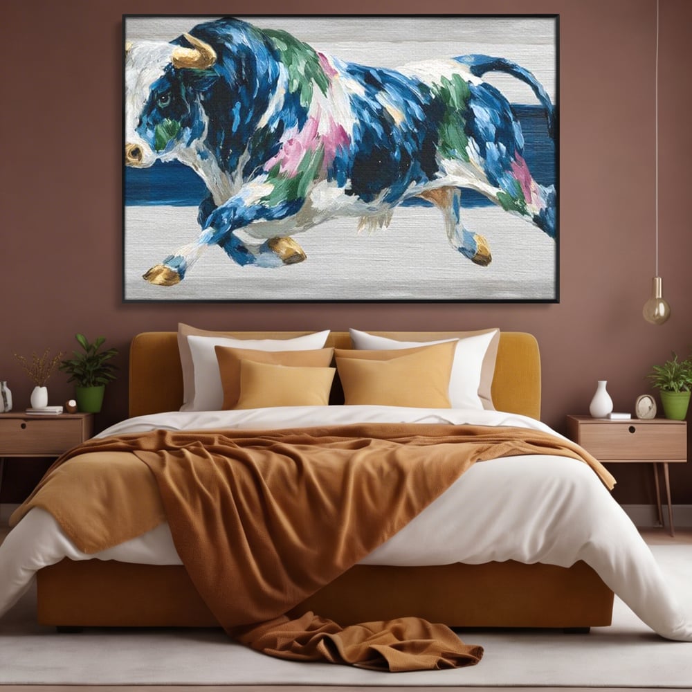 Leinwand Wandkunst Canvas Premium, LuxCanva® M1515, Urkraft, Stier, Hörner, Dynamisch, Angriff, Tiere, Malerei, Stärke, Modern, Schlafzimmer, Büro, Wohnen, Kinderzimmer