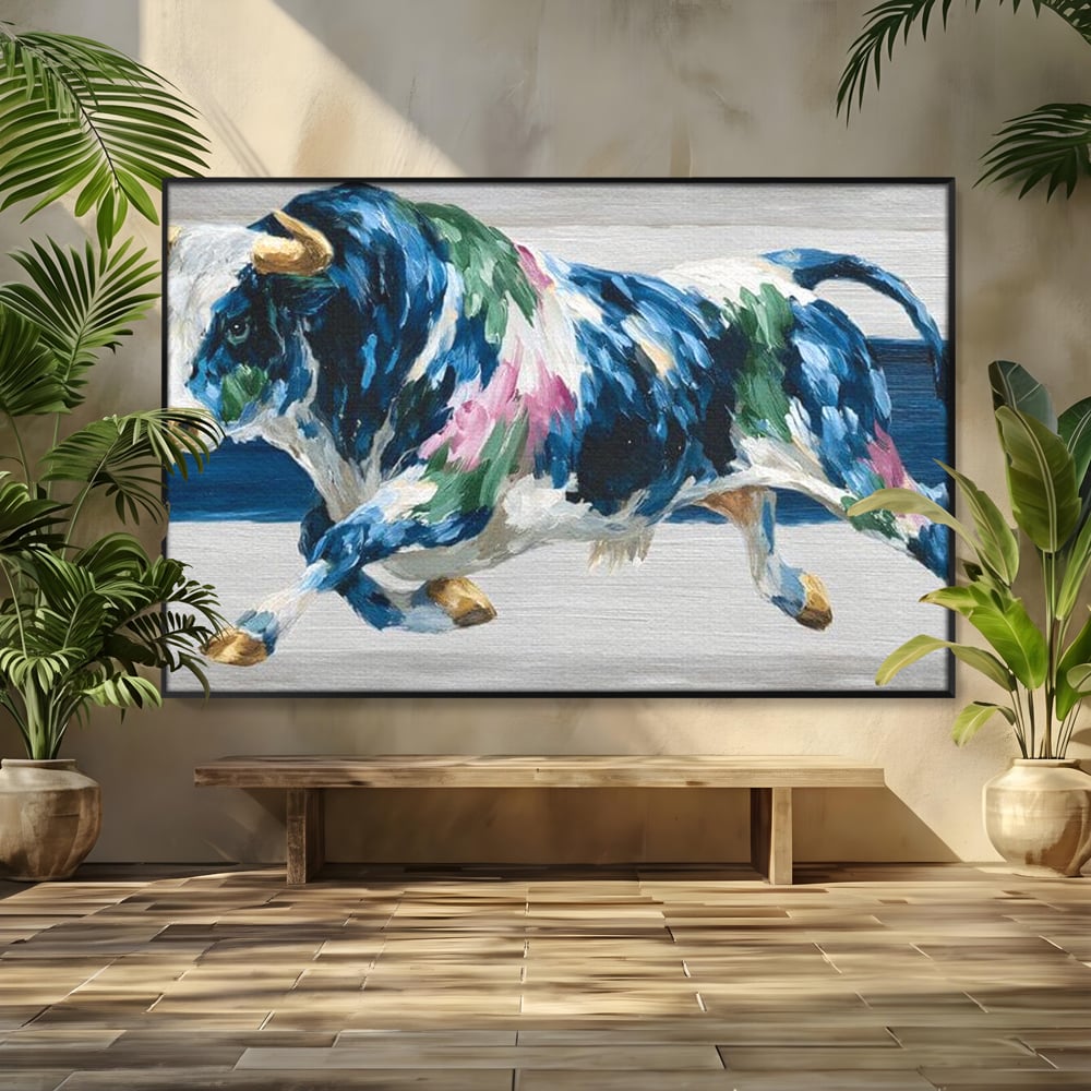Leinwand Wandkunst Canvas Premium, LuxCanva® M1515, Urkraft, Stier, Hörner, Dynamisch, Angriff, Tiere, Malerei, Stärke, Modern, Schlafzimmer, Büro, Wohnen, Kinderzimmer