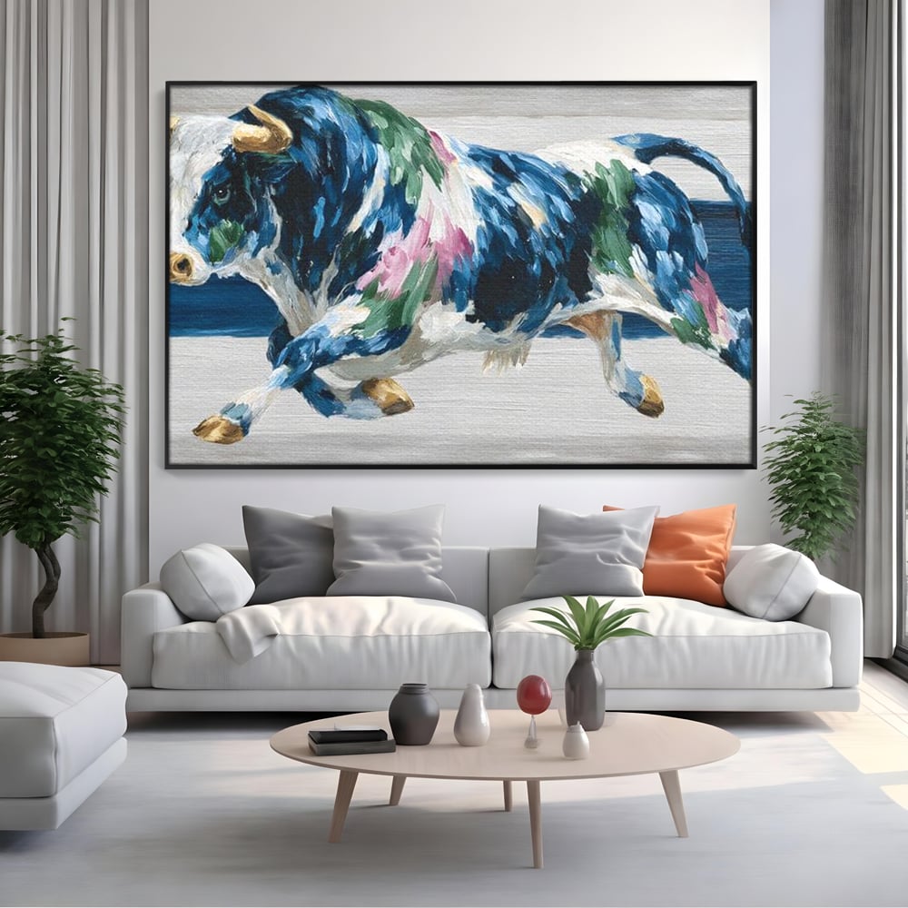 Leinwand Wandkunst Canvas Premium, LuxCanva® M1515, Urkraft, Stier, Hörner, Dynamisch, Angriff, Tiere, Malerei, Stärke, Modern, Schlafzimmer, Büro, Wohnen, Kinderzimmer