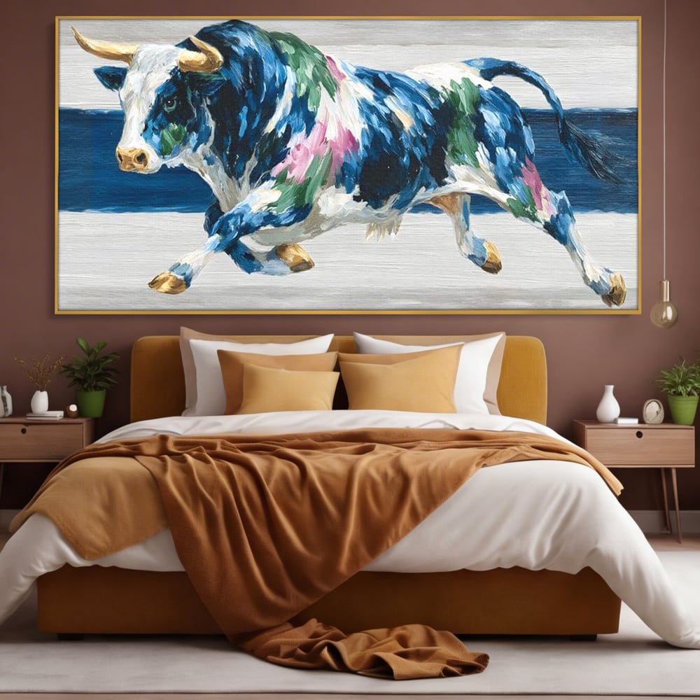 Leinwand Wandkunst Canvas Premium, LuxCanva® M1515, Urkraft, Stier, Hörner, Dynamisch, Angriff, Tiere, Malerei, Stärke, Modern, Schlafzimmer, Büro, Wohnen, Kinderzimmer