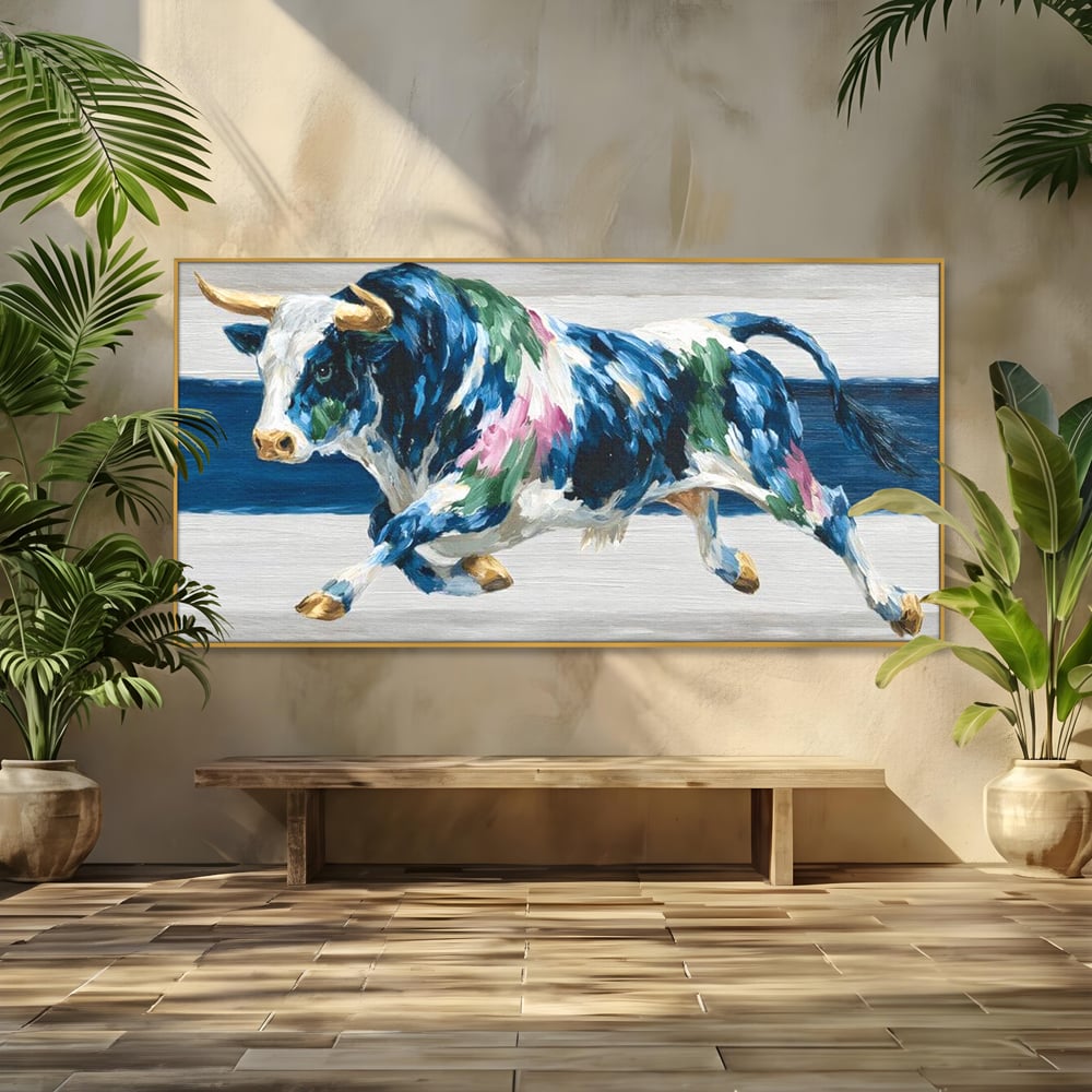 Leinwand Wandkunst Canvas Premium, LuxCanva® M1515, Urkraft, Stier, Hörner, Dynamisch, Angriff, Tiere, Malerei, Stärke, Modern, Schlafzimmer, Büro, Wohnen, Kinderzimmer