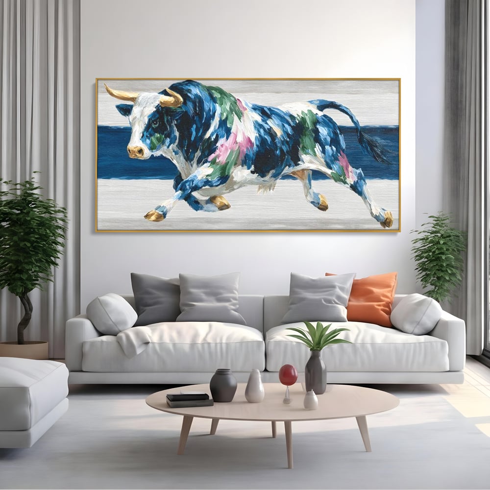 Leinwand Wandkunst Canvas Premium, LuxCanva® M1515, Urkraft, Stier, Hörner, Dynamisch, Angriff, Tiere, Malerei, Stärke, Modern, Schlafzimmer, Büro, Wohnen, Kinderzimmer