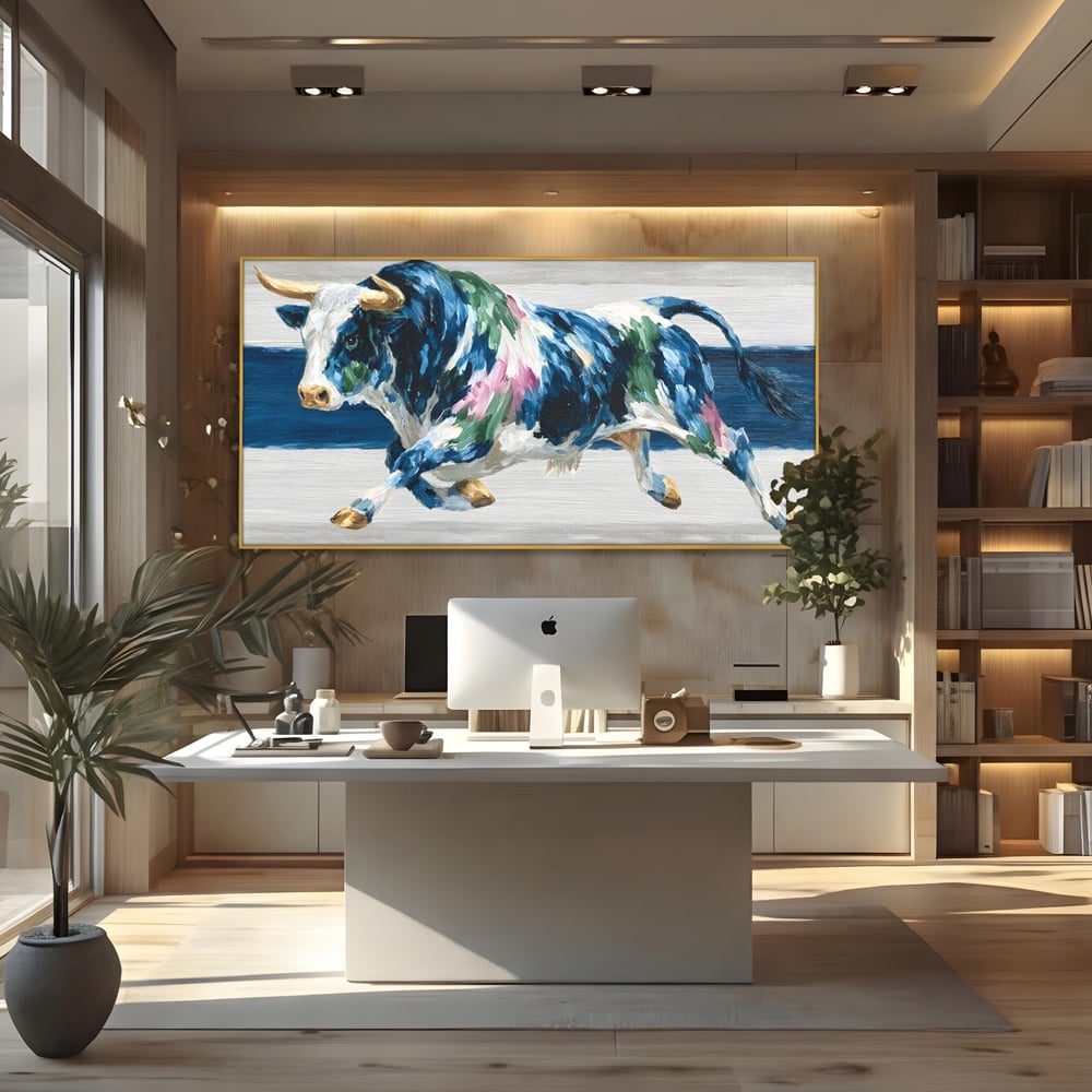 Leinwand Wandkunst Canvas Premium, LuxCanva® M1515, Urkraft, Stier, Hörner, Dynamisch, Angriff, Tiere, Malerei, Stärke, Modern, Schlafzimmer, Büro, Wohnen, Kinderzimmer