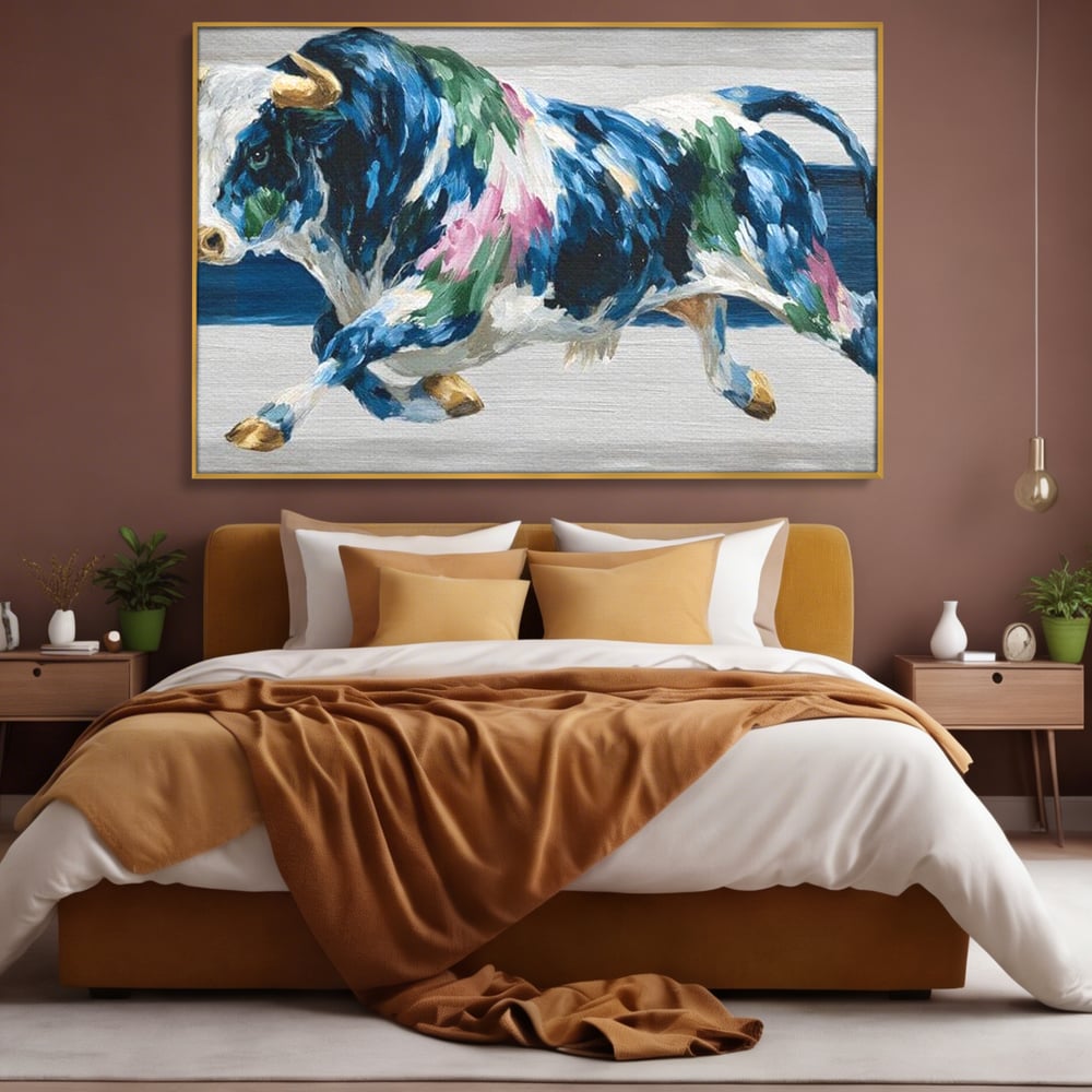 Leinwand Wandkunst Canvas Premium, LuxCanva® M1515, Urkraft, Stier, Hörner, Dynamisch, Angriff, Tiere, Malerei, Stärke, Modern, Schlafzimmer, Büro, Wohnen, Kinderzimmer