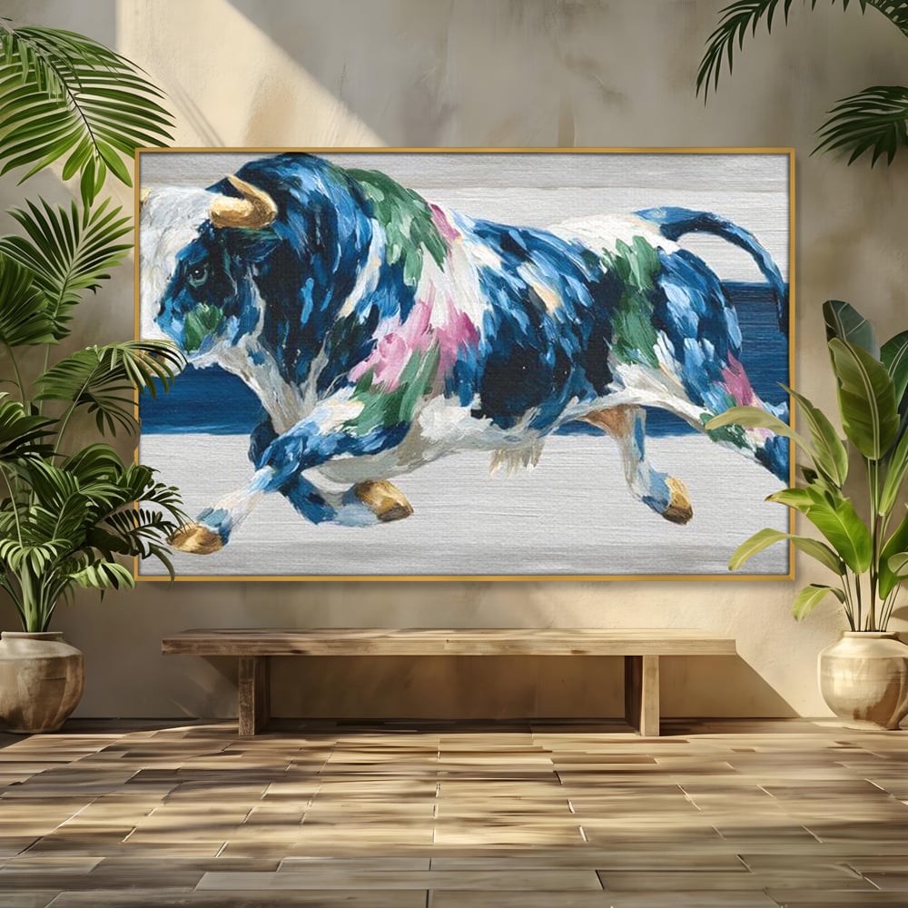 Leinwand Wandkunst Canvas Premium, LuxCanva® M1515, Urkraft, Stier, Hörner, Dynamisch, Angriff, Tiere, Malerei, Stärke, Modern, Schlafzimmer, Büro, Wohnen, Kinderzimmer