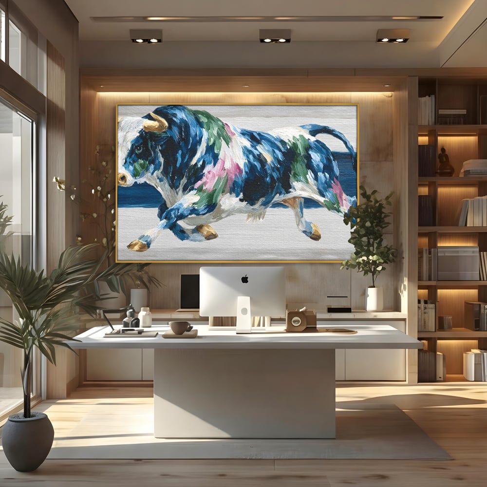 Leinwand Wandkunst Canvas Premium, LuxCanva® M1515, Urkraft, Stier, Hörner, Dynamisch, Angriff, Tiere, Malerei, Stärke, Modern, Schlafzimmer, Büro, Wohnen, Kinderzimmer