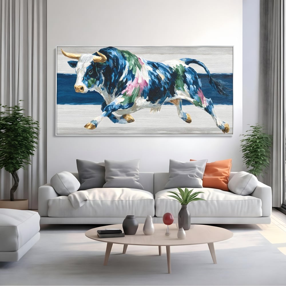 Leinwand Wandkunst Canvas Premium, LuxCanva® M1515, Urkraft, Stier, Hörner, Dynamisch, Angriff, Tiere, Malerei, Stärke, Modern, Schlafzimmer, Büro, Wohnen, Kinderzimmer