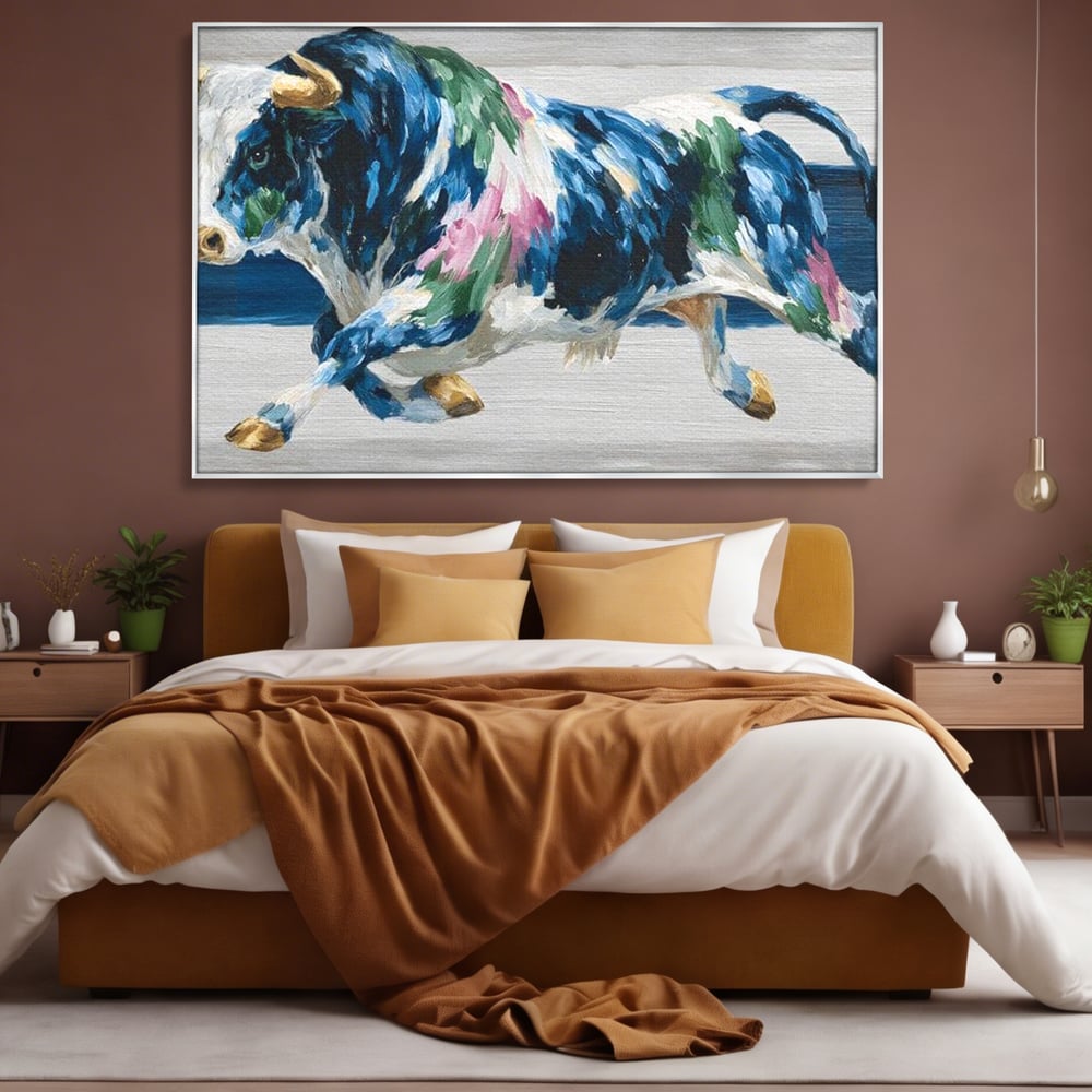 Leinwand Wandkunst Canvas Premium, LuxCanva® M1515, Urkraft, Stier, Hörner, Dynamisch, Angriff, Tiere, Malerei, Stärke, Modern, Schlafzimmer, Büro, Wohnen, Kinderzimmer