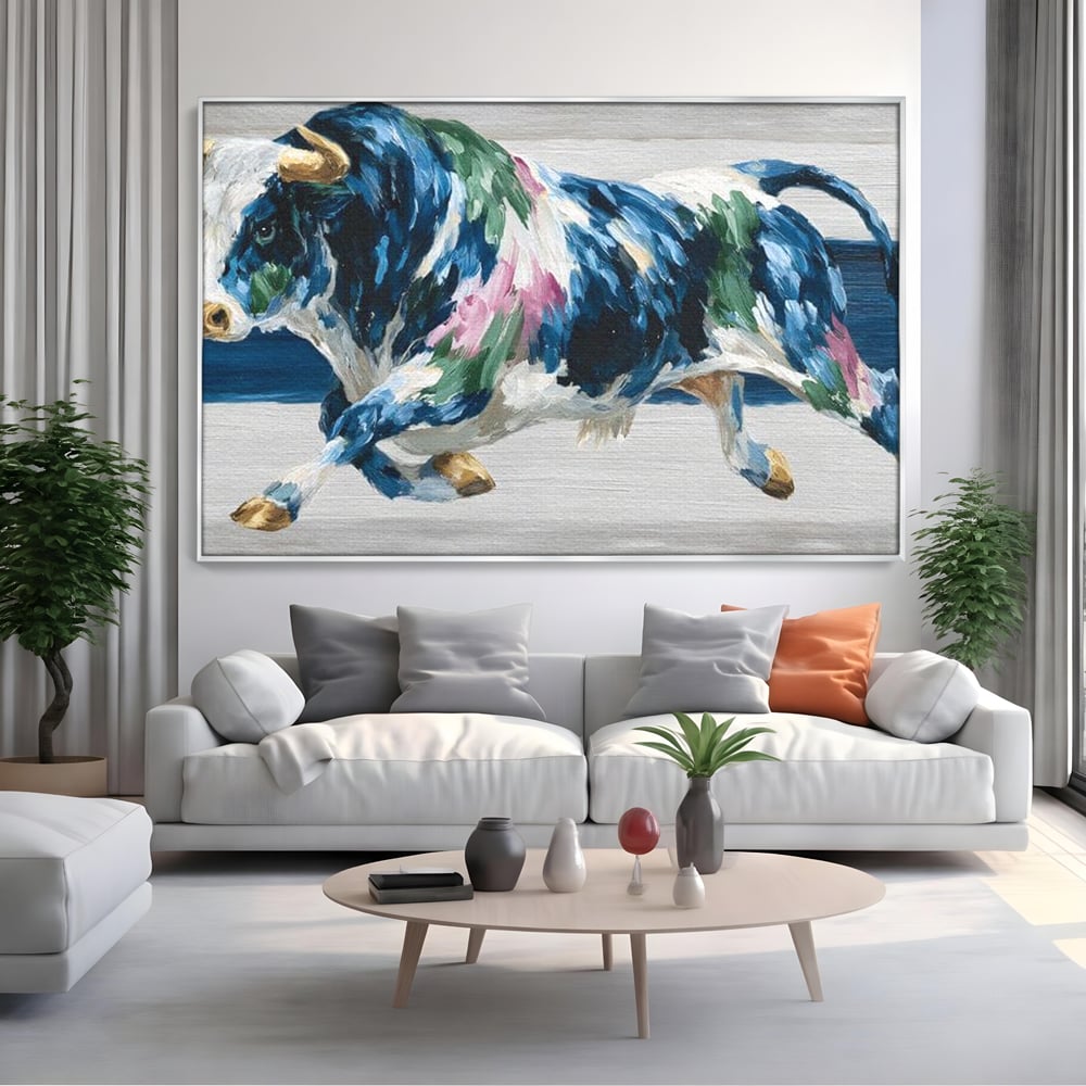Leinwand Wandkunst Canvas Premium, LuxCanva® M1515, Urkraft, Stier, Hörner, Dynamisch, Angriff, Tiere, Malerei, Stärke, Modern, Schlafzimmer, Büro, Wohnen, Kinderzimmer