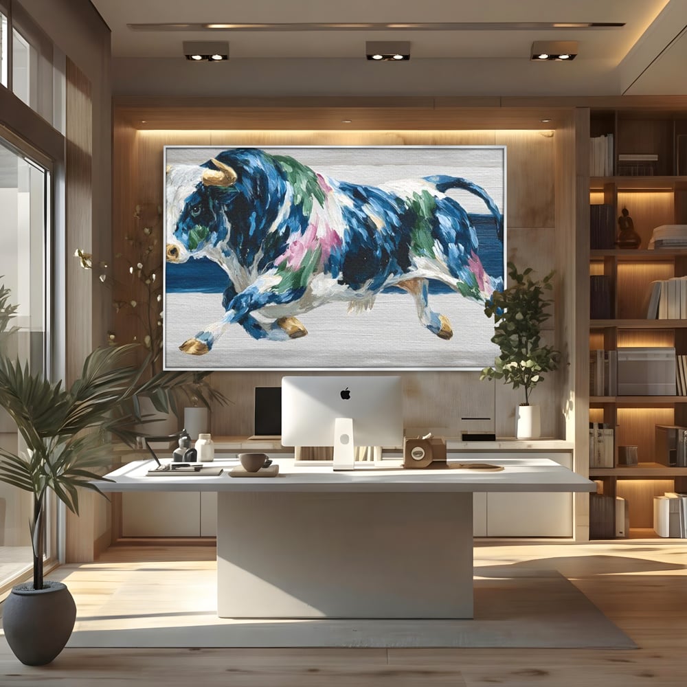 Leinwand Wandkunst Canvas Premium, LuxCanva® M1515, Urkraft, Stier, Hörner, Dynamisch, Angriff, Tiere, Malerei, Stärke, Modern, Schlafzimmer, Büro, Wohnen, Kinderzimmer