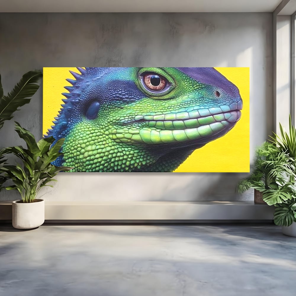 Leinwand Wandkunst Leinwand Premium, LuxCanva® M1520, Eidechse Pop, Reptila, Reptila, Eidechse, Dschungel, Tropisch, Exotisch, Lebendige Farben, Neon, Schlafzimmer, Büro, Wohnzimmer, Kinderzimmer